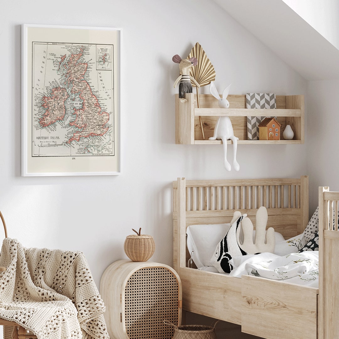 Vintage cartographic map of the British Isles from Universal Atlas of the World as detailed artwork poster, framed and displayed in home decor