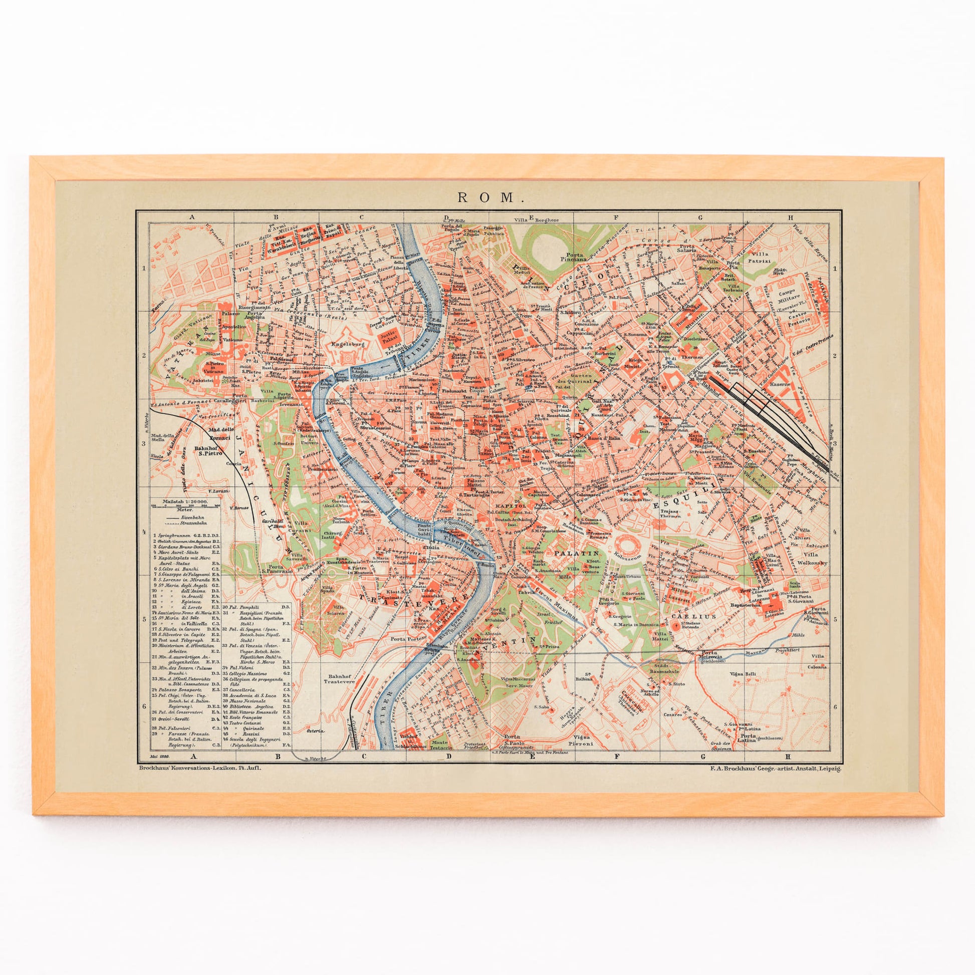 Closeup detail of Ancient map of Rome by Bibliographic institute of Liepzig showing detailed city layout river neighborhoods and landmarks