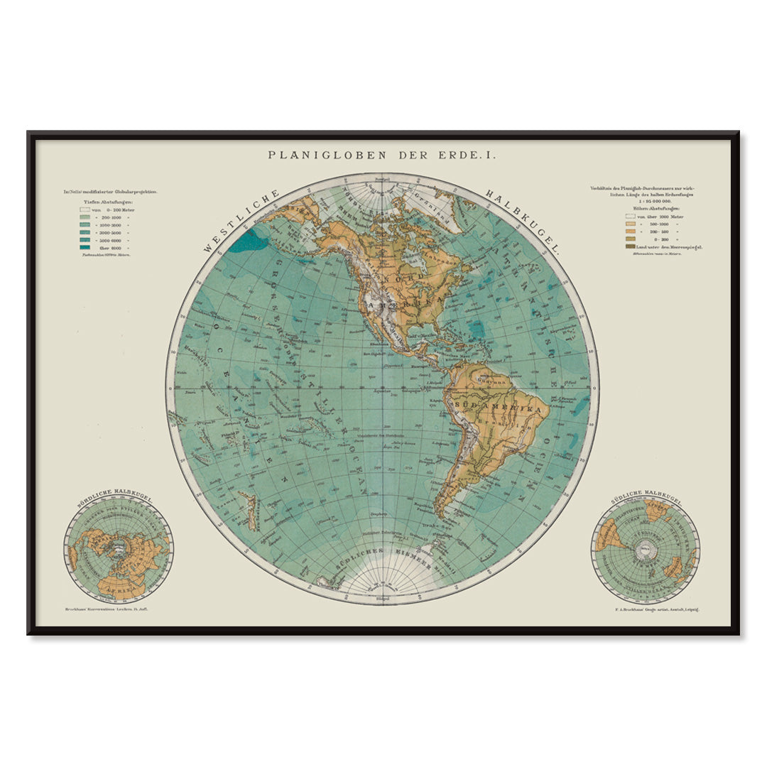 Vintage world map artwork and detailed continents poster Planiglobes of the Earth I by The Institute of Liepzig, with black aluminium frame on white background