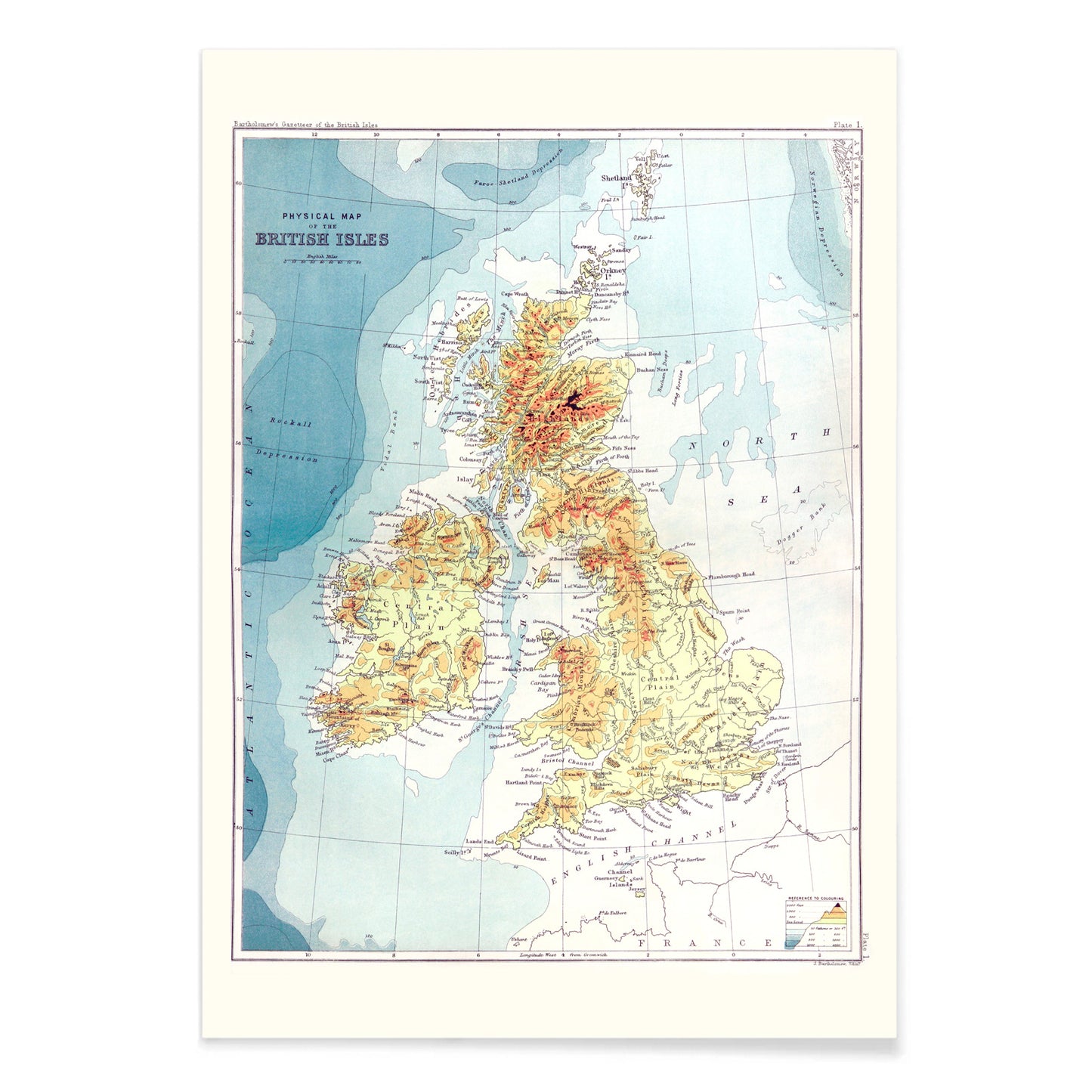 Vintage topographic and physical map poster of the British Isles by John Bartholomew from Gazetteer of the British Isles, with black aluminium frame on white background