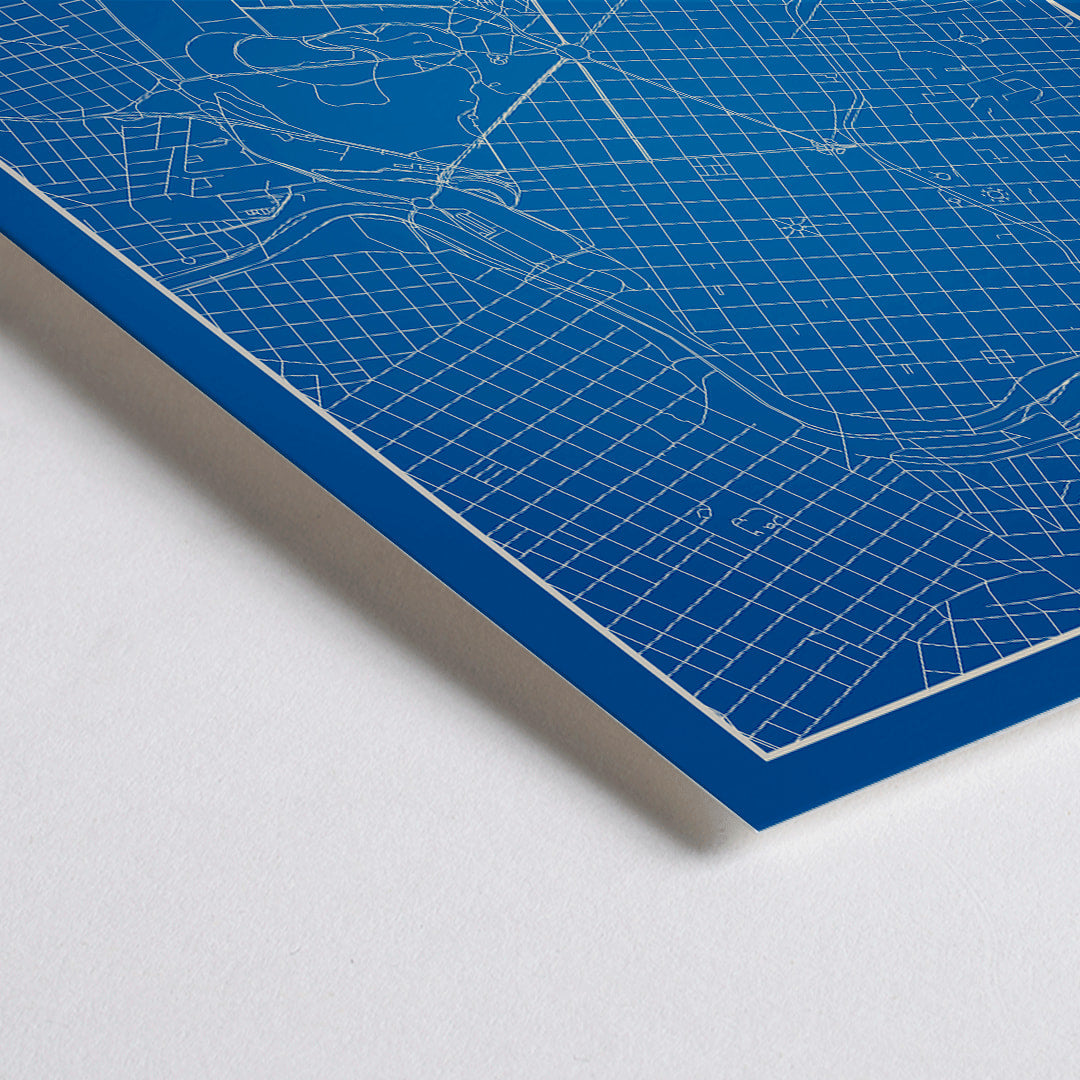 Closeup detail of Cordoba Minimalist Map artwork and poster with blue and white grid design and city skyline silhouette