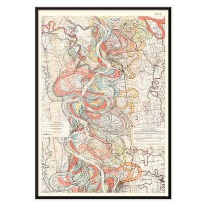 Colorful topographic map poster of the Mississippi River by Harold Fisk titled Ancient Courses of the Mississippi River showing historic colorful swirls and paths, with black aluminium frame on white background