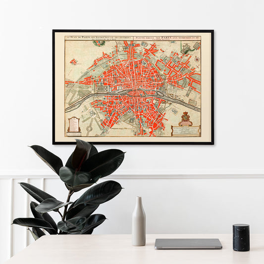 Ancient map of Paris by Guillaume Delisle detailed city layout illustration and poster artwork with red highlights, framed and displayed in home decor