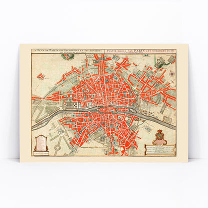 Ancient map of Paris by Guillaume Delisle detailed city layout illustration and poster artwork with red highlights, framed and displayed in modern living room decor