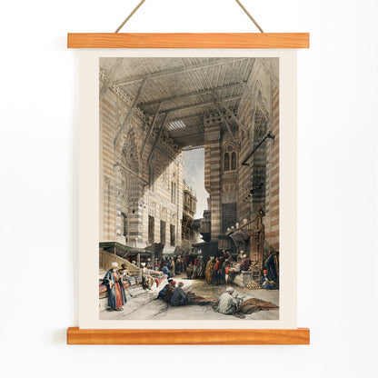 Bustling silk bazaar scene in Cairo with merchants and textiles artwork Bazaar of the silk mercers by David Roberts, with wooden magnetic frame on white background