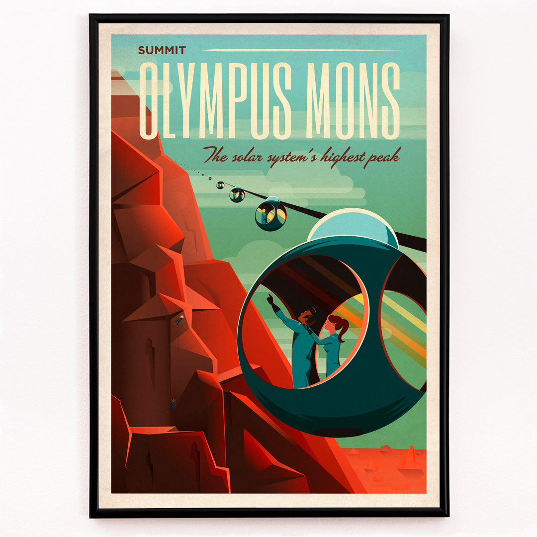 Closeup detail of Futuristic cable cars and pods ascend the red slopes of Olympus Mons on Mars with travelers viewing the Martian landscape in SpaceX poster artwork