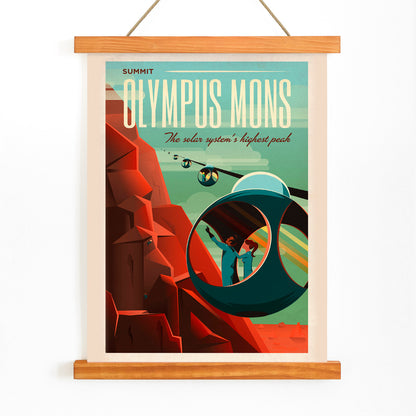 Futuristic cable cars and pods ascend the red slopes of Olympus Mons on Mars with travelers viewing the Martian landscape in SpaceX poster artwork, with wooden magnetic frame on white background