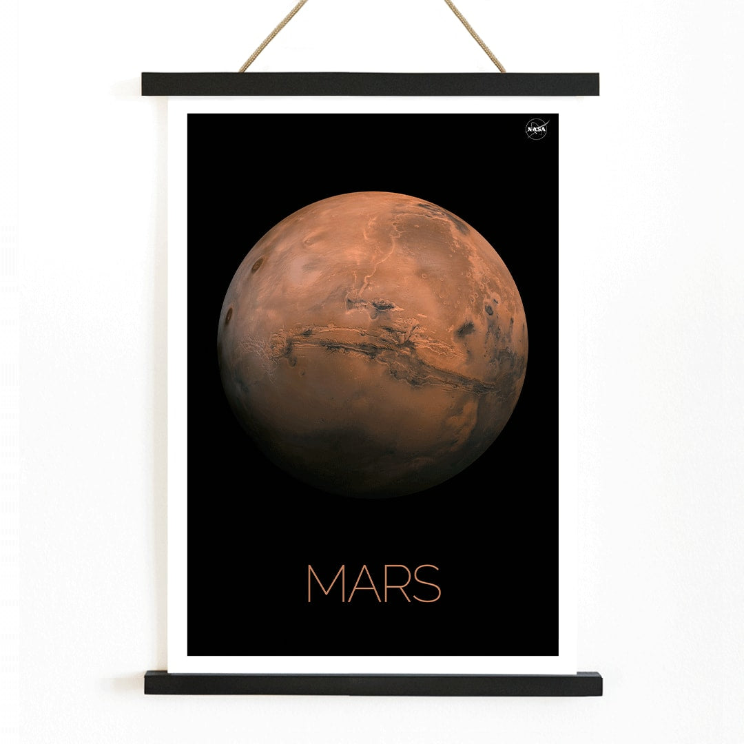 Mars by NASA framed poster featuring a detailed photo of the red planet with the title Mars at the bottom on a black background, with wooden magnetic frame on white background