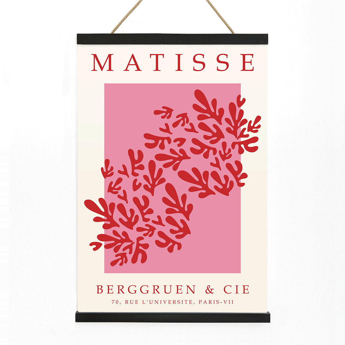 Papiers decoupes 3 Matisse inspired red and pink abstract art print poster with cut out shapes on pink background Berggruen gallery affiche, with wooden magnetic frame on white background