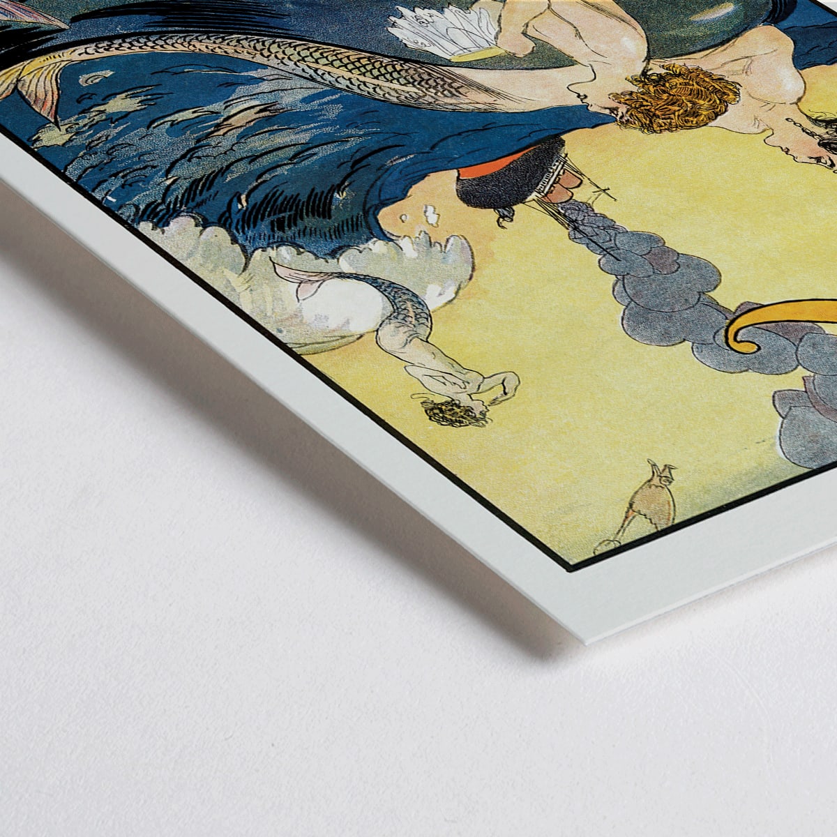 Closeup detail of Vintage Puck Magazine illustration of mermaids sewing in a vibrant ocean scene with a boat in the background by Louis M Glackens and anonymous artist