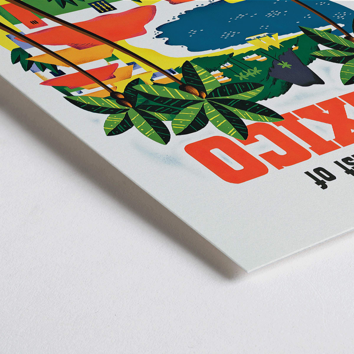 Closeup detail of Colorful vintage travel poster of the West Coast of Mexico by Ray Bethers with palm trees and vibrant colorful houses