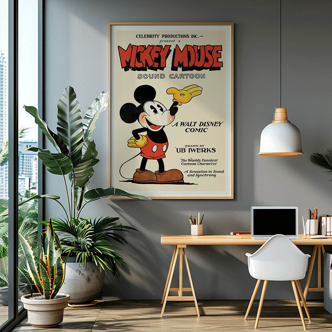 Mickey Mouse poster by Ub Iwerks and Walt Disney featuring Sound Cartoon comic artwork with Mickey smiling in yellow gloves and red shorts, framed and displayed in home decor
