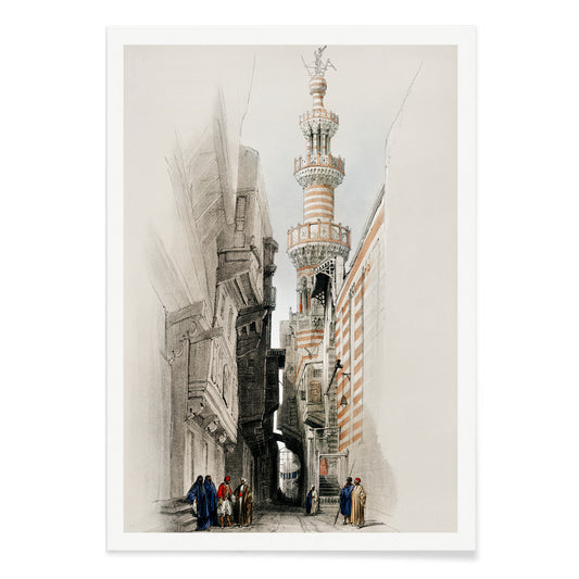 Minaret of the mosque The Rhamree with people in traditional attire street view and poster artwork by David Roberts, with black aluminium frame on white background