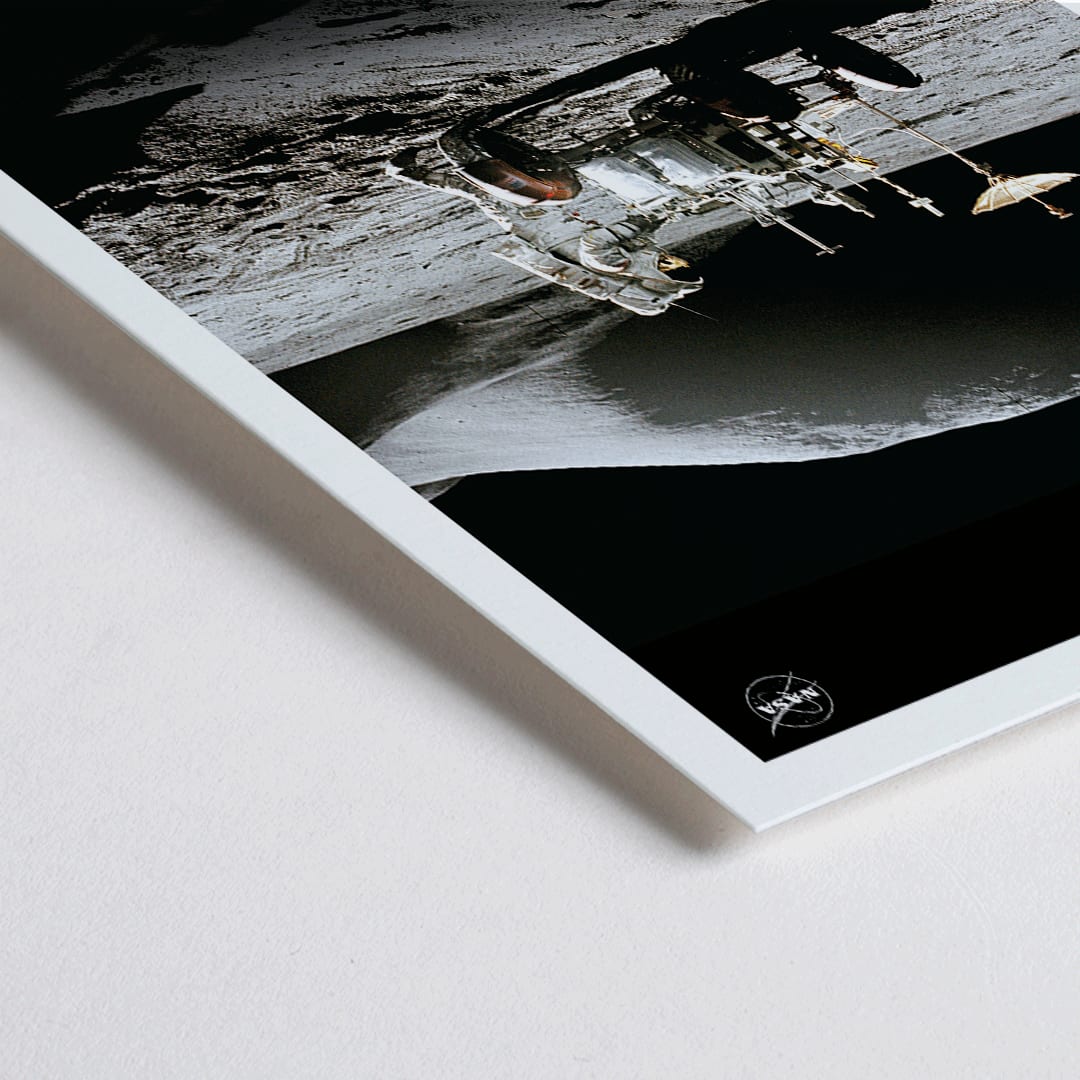 Closeup detail of Astronaut beside lunar rover on the moon surface Man on Moon 1 by NASA poster with Earths Moon text