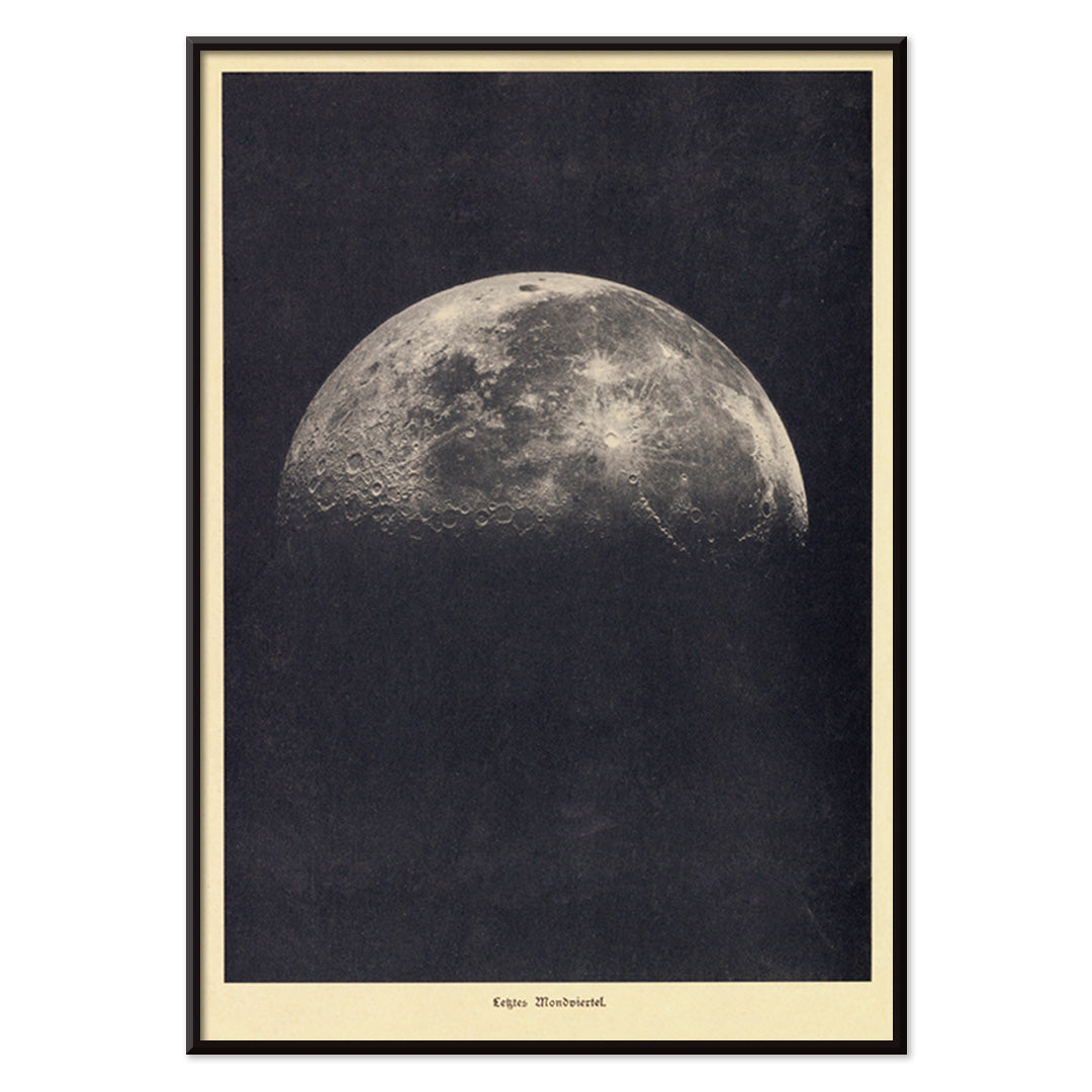 Black and white lunar surface artwork and detailed moon illustration poster by Institute of Liepzig wall art for home decor, with black aluminium frame on white background