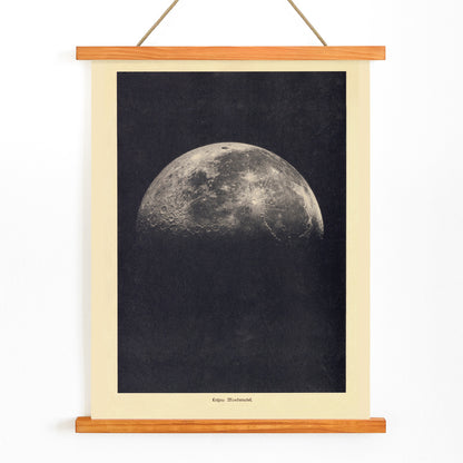 Black and white lunar surface artwork and detailed moon illustration poster by Institute of Liepzig wall art for home decor, with wooden magnetic frame on white background