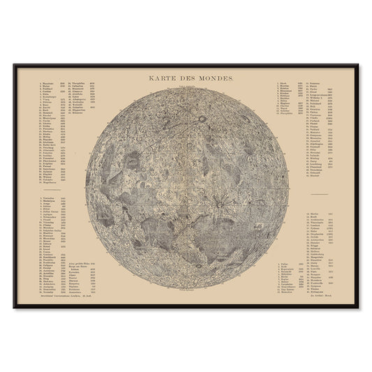 Detailed lunar surface illustration and poster with labeled features titled Map of the Moon by The Institute of Liepzig artwork, with black aluminium frame on white background