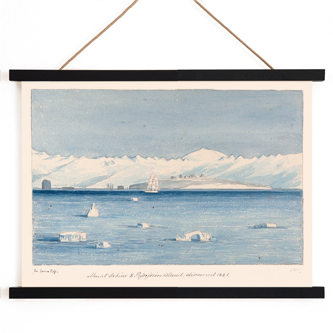 Mount Sabine and Possessions Island painting and poster by Charles Hamilton Smith showing icy waters a ship and distant mountains, with wooden magnetic frame on white background