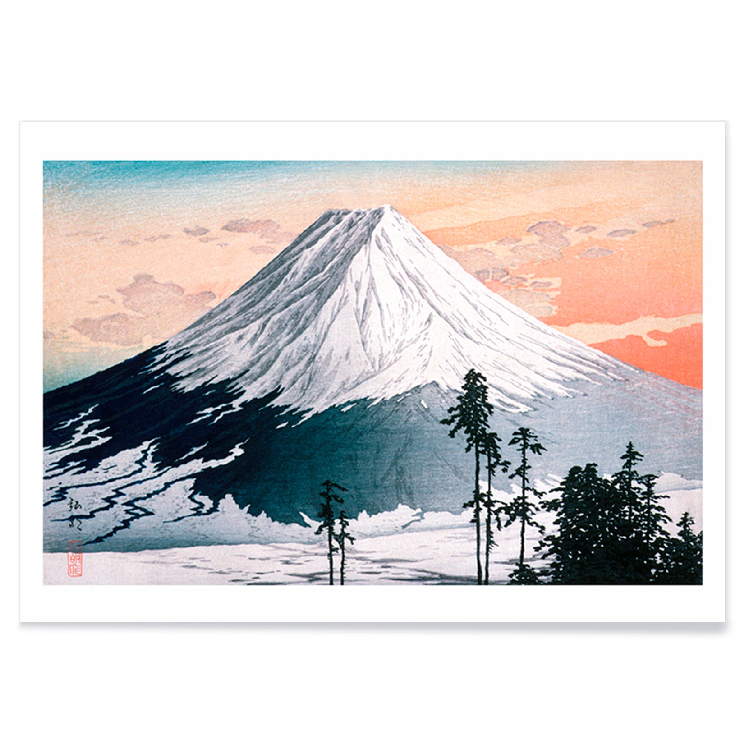 Colorful landscape and snowy mountain with trees at sunrise Katsuyama Neighborhood artwork by Hiroaki Takahashi, with black aluminium frame on white background