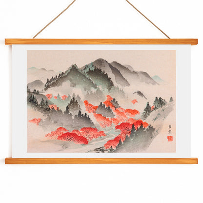 Heian meisho Japanese landscape poster with misty mountains vibrant autumn foliage and red trees in traditional painting style, with wooden magnetic frame on white background