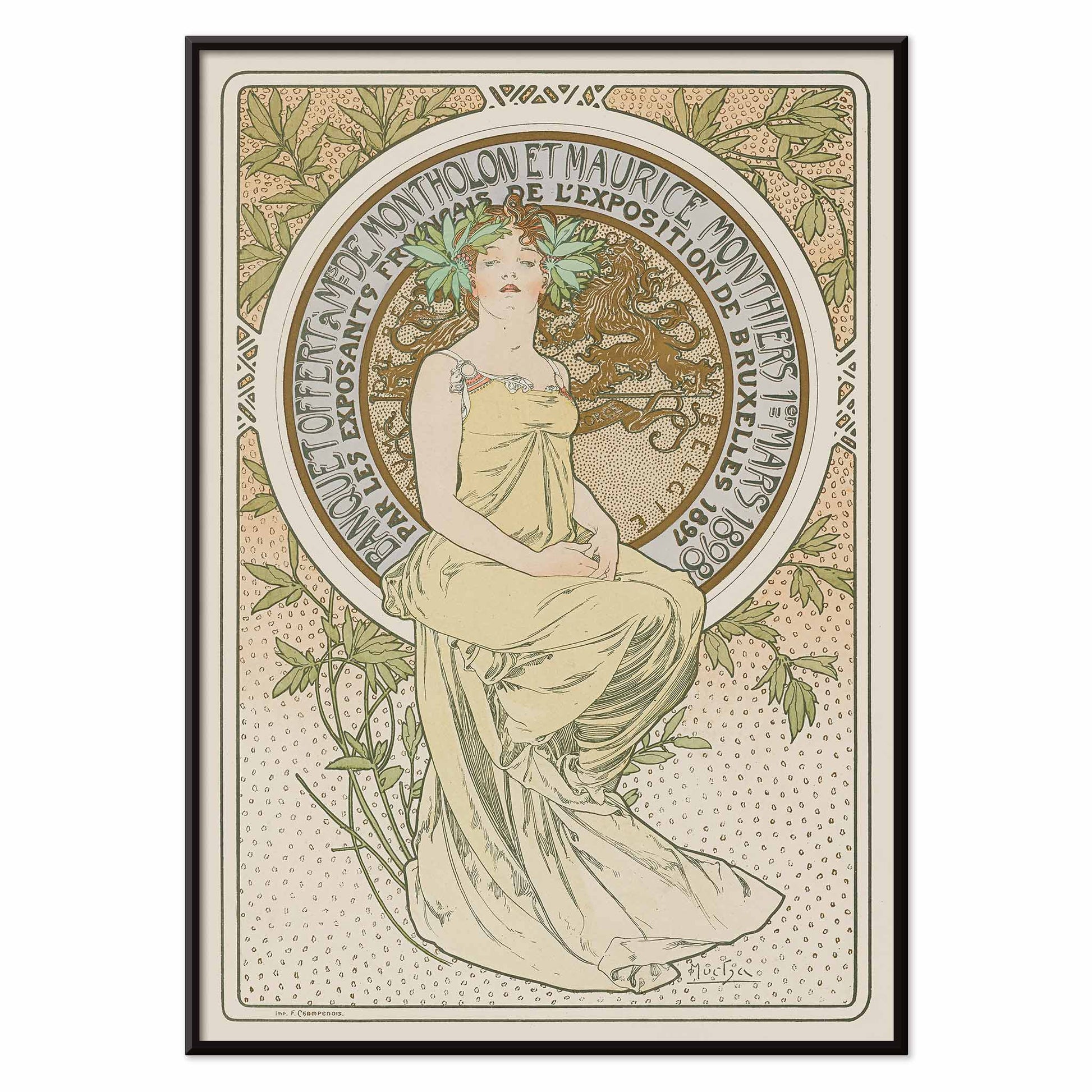 Alphonse Mucha Exposition de Bruxelles Art Nouveau poster with graceful woman and floral ornaments in soft green and beige tones, with black aluminium frame on white background