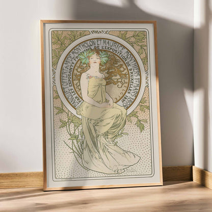Alphonse Mucha Exposition de Bruxelles Art Nouveau poster with graceful woman and floral ornaments in soft green and beige tones, framed and displayed in modern living room decor