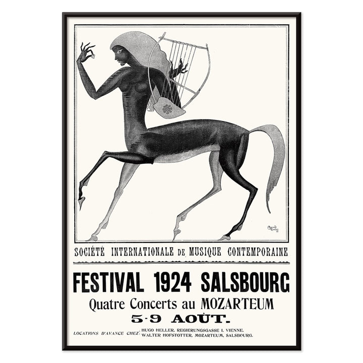 Centaur playing lyre and harp by Edmund Dulac for Societe internationale de musique contemporaine de Salsbourg poster artwork, with black aluminium frame on white background