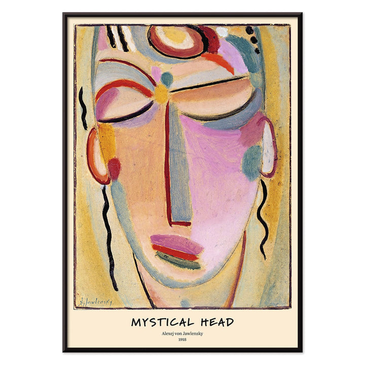 Abstract painting Mystical Head Meditation by Alexej von Jawlensky featuring a colorful stylized abstract face with closed eyes and serene expression, with black aluminium frame on white background