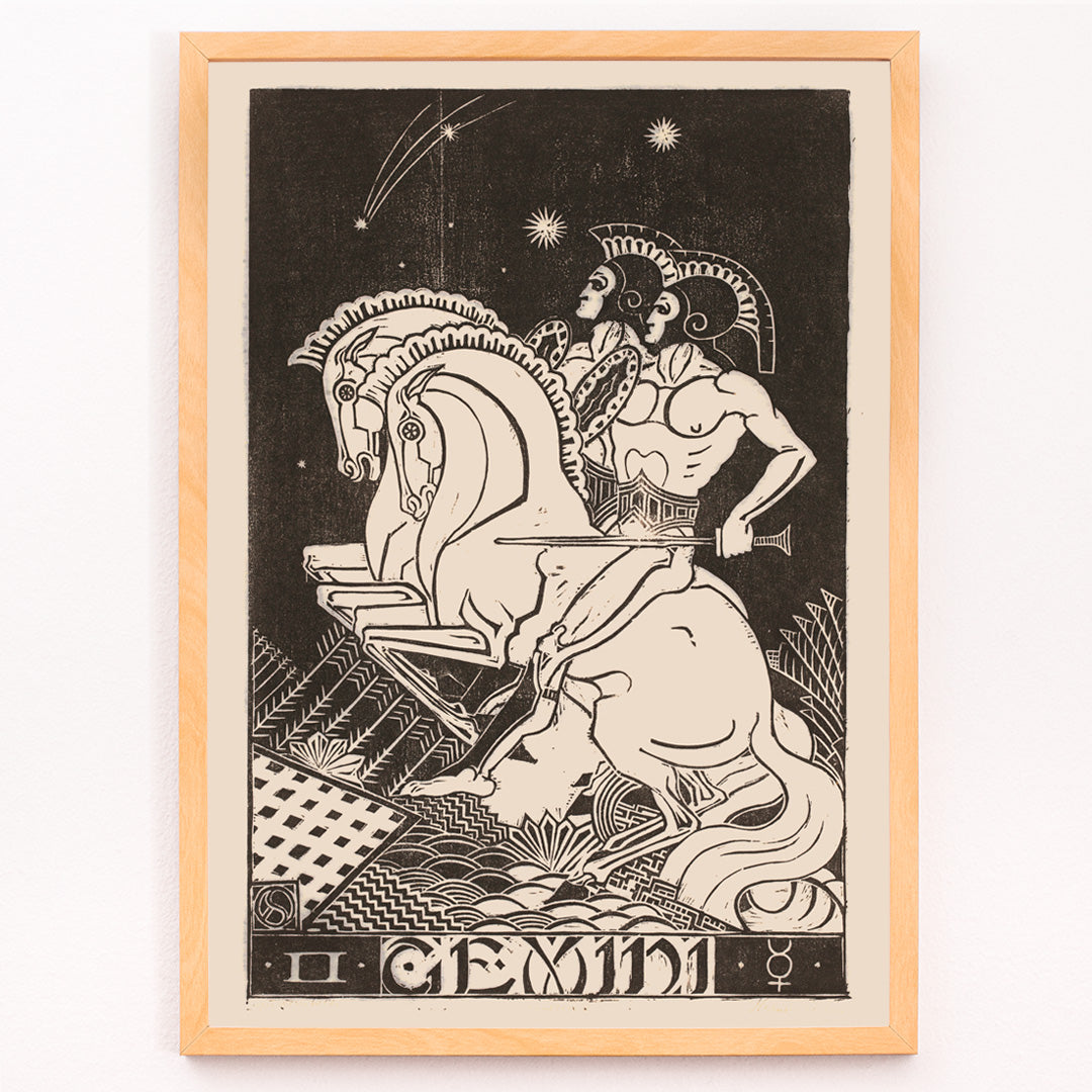 Closeup detail of Gemini zodiac artwork by Henri van der Stok featuring two figures with chariot and horses under stars detailed black and white illustration