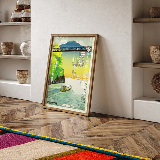 Tenryu River boat tour poster by Nagoya Rail Agency showing a scenic waterway and bridge from Nakappe to Futamata, framed and displayed in home decor