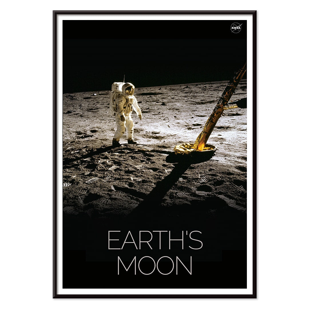 Astronaut on the lunar surface with text Earths Moon Man on Moon 2 by NASA poster, with black aluminium frame on white background