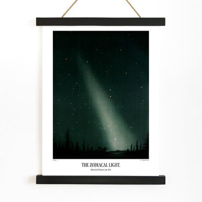 Night sky with zodiacal light and stars by E L Trouvelot poster featuring luminous band and silhouetted trees, with wooden magnetic frame on white background