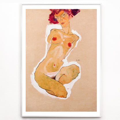 Closeup detail of Colorful expressionist painting poster of a nude woman squatting titled Squatting Female Nude by Egon Schiele