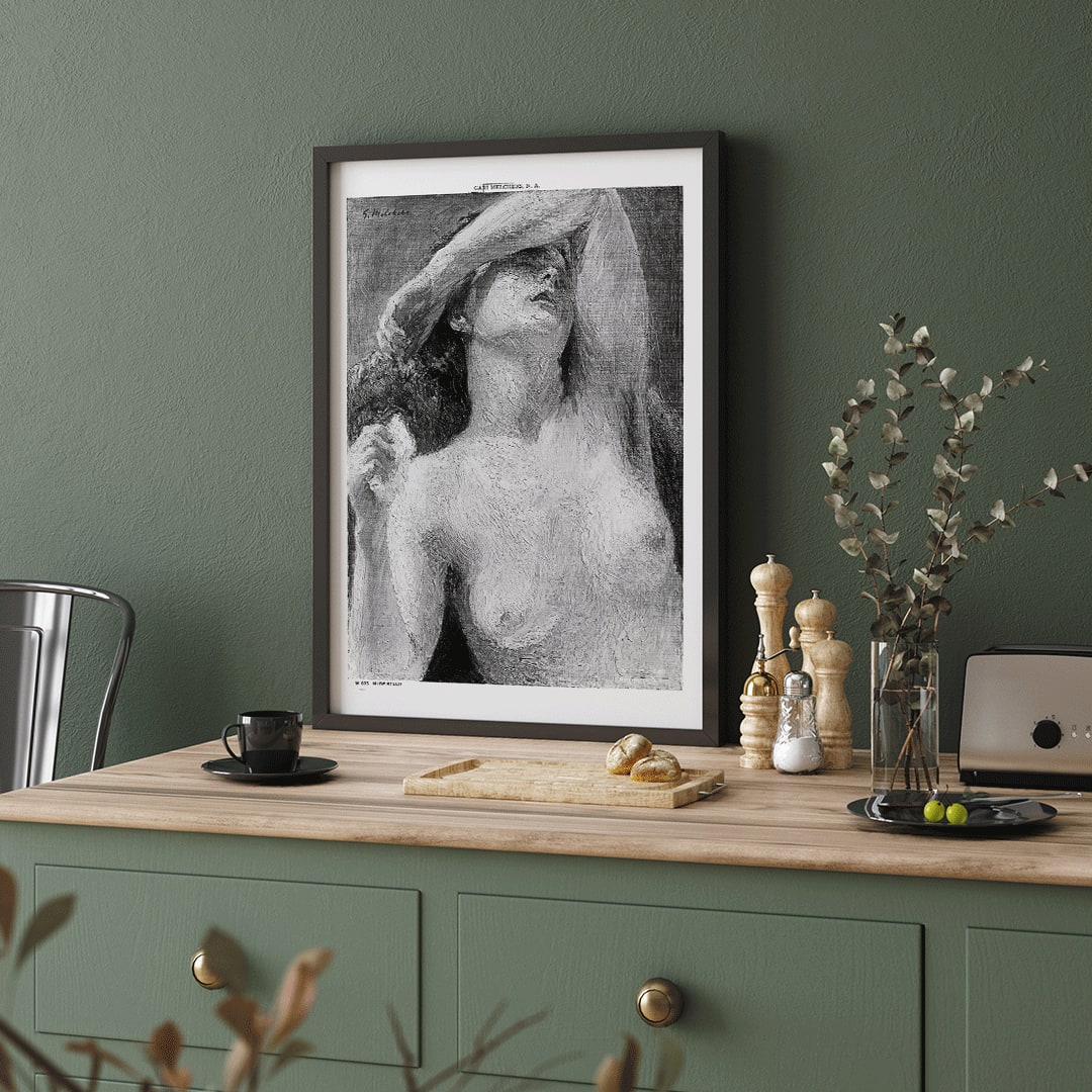 Nude Study by Gari Melchers painting of a nude woman with arm raised covering part of face detailed brushstroke style poster, framed and displayed in home decor
