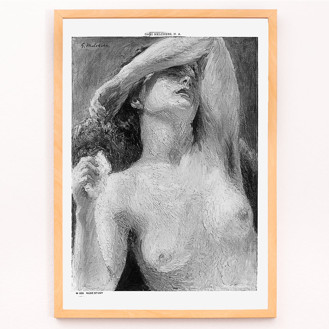 Nude Study by Gari Melchers painting of a nude woman with arm raised covering part of face detailed brushstroke style poster, framed and displayed in modern living room decor