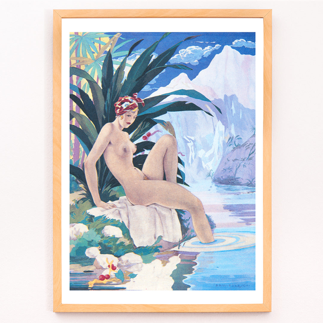 Closeup detail of Nude woman by a tropical river in lush nature Tavola per Paul et Virginie by Umberto Brunelleschi poster