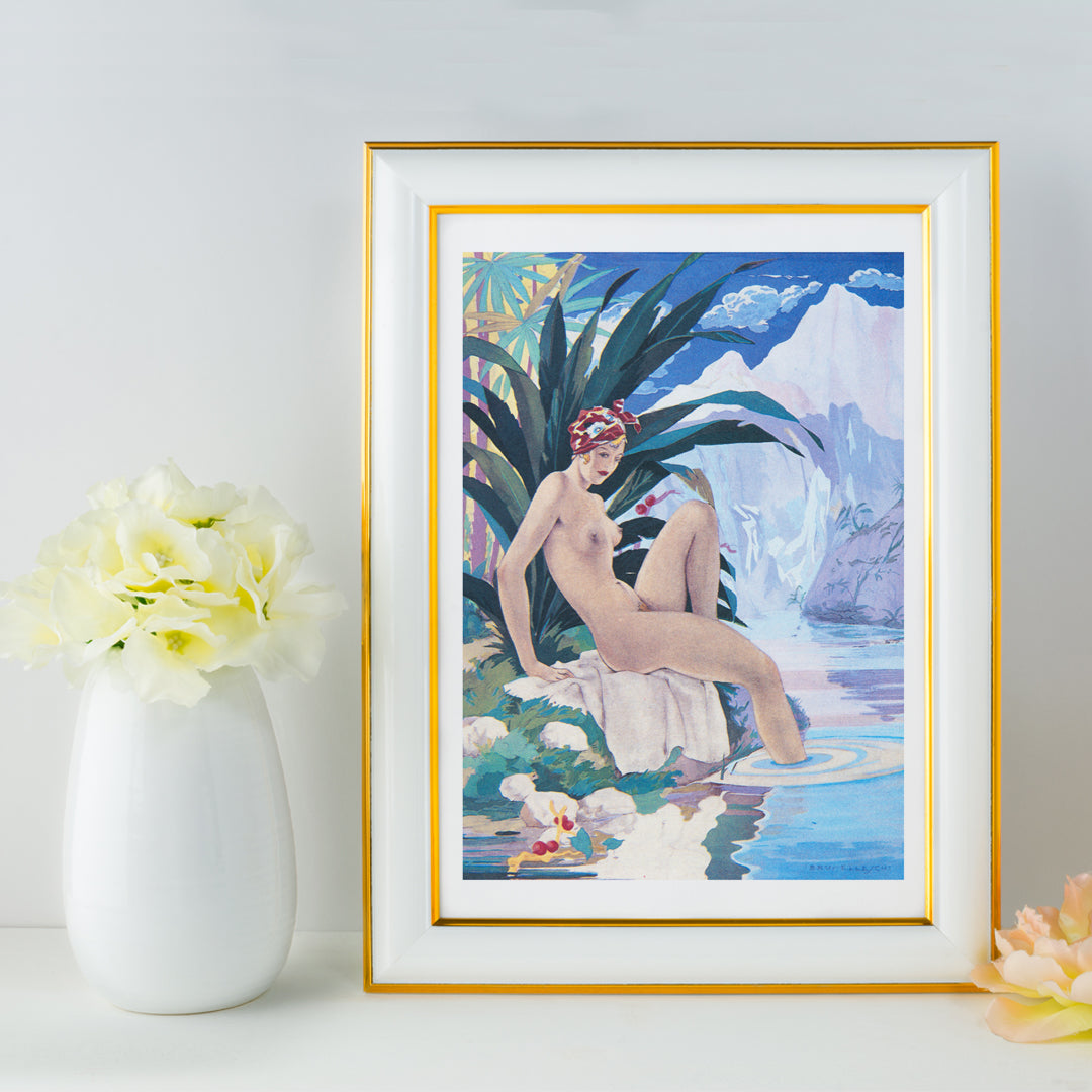Nude woman by a tropical river in lush nature Tavola per Paul et Virginie by Umberto Brunelleschi poster, framed and displayed in home decor