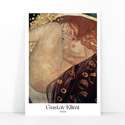 Danae by Gustav Klimt sensual reclining woman artwork in golden tones with rich decorative brown elements poster, framed and displayed in modern living room decor