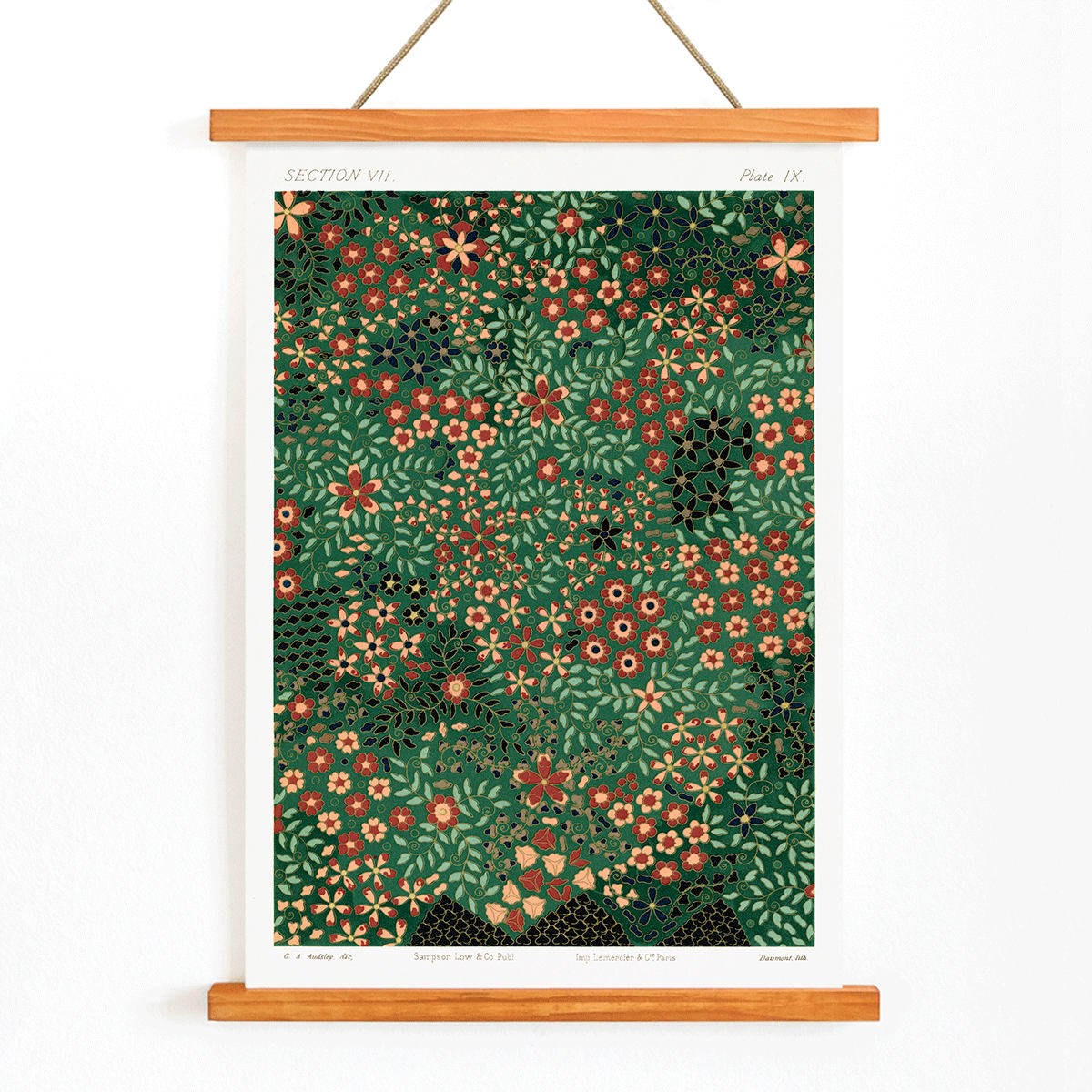 Floral pattern artwork poster by GA Audsley from The Ornamental Arts Of Japan featuring intricate vibrant green and red designs, with wooden magnetic frame on white background