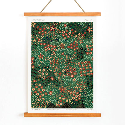 Floral pattern artwork poster by GA Audsley from The Ornamental Arts Of Japan featuring intricate vibrant green and red designs, with wooden magnetic frame on white background