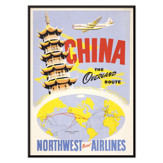 Vintage travel poster of China featuring a pagoda airplane and world map promoting the overland route by Northwest Orient Airlines, with black aluminium frame on white background