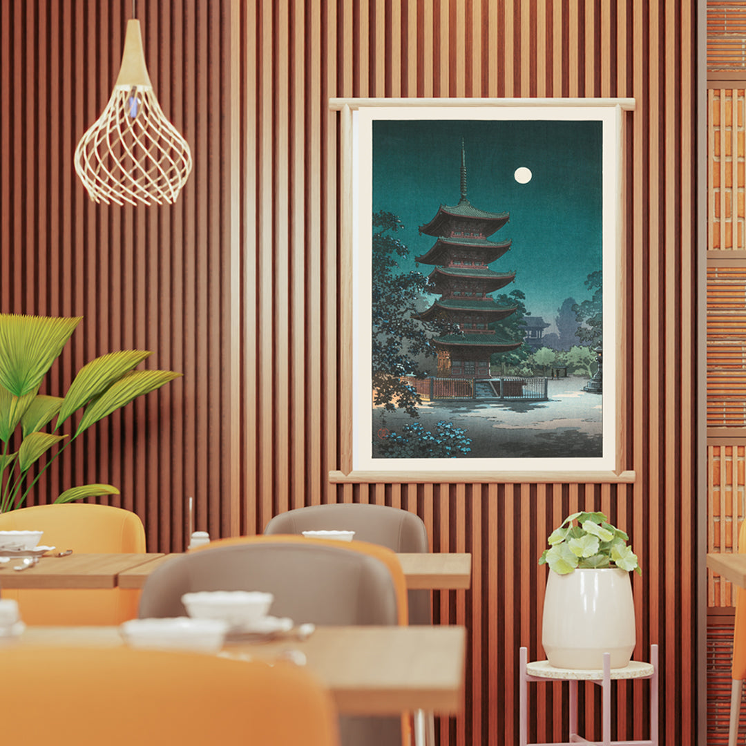 Asakusa Kinryuzan Temple pagoda at night with full moon by Tsuchiya Koitsu from Sketches of Famous Places in Japan poster, framed and displayed in home decor