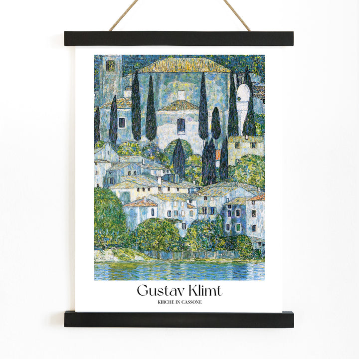 Kirche in Cassone by Gustav Klimt colorful village and church landscape painting poster with trees and buildings reflected in water, with wooden magnetic frame on white background