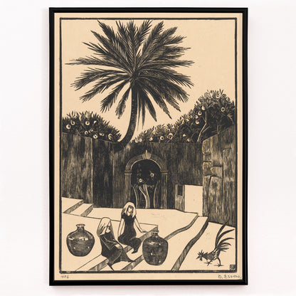 Closeup detail of Street with steps in Taormina Sicily featuring palm tree two women with jugs and figures outdoor scene artwork by Bernard Essers