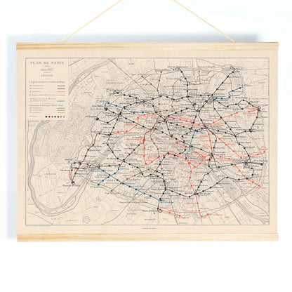 Louis Wuhrer Paris metro map poster vintage city plan with black and red rail lines, with wooden magnetic frame on white background