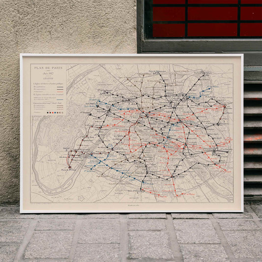 Louis Wuhrer Paris metro map poster vintage city plan with black and red rail lines, framed and displayed in home decor