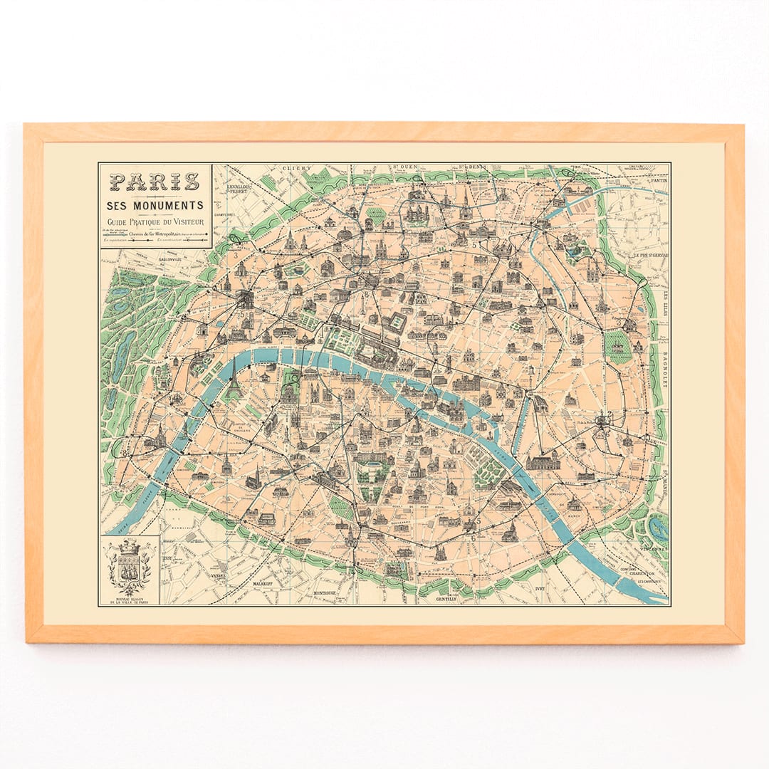 Vintage map of Paris showing monuments from Paris Ses Monuments Guide Pratique Du Visiteur by Borremans F poster, framed and displayed in modern living room decor