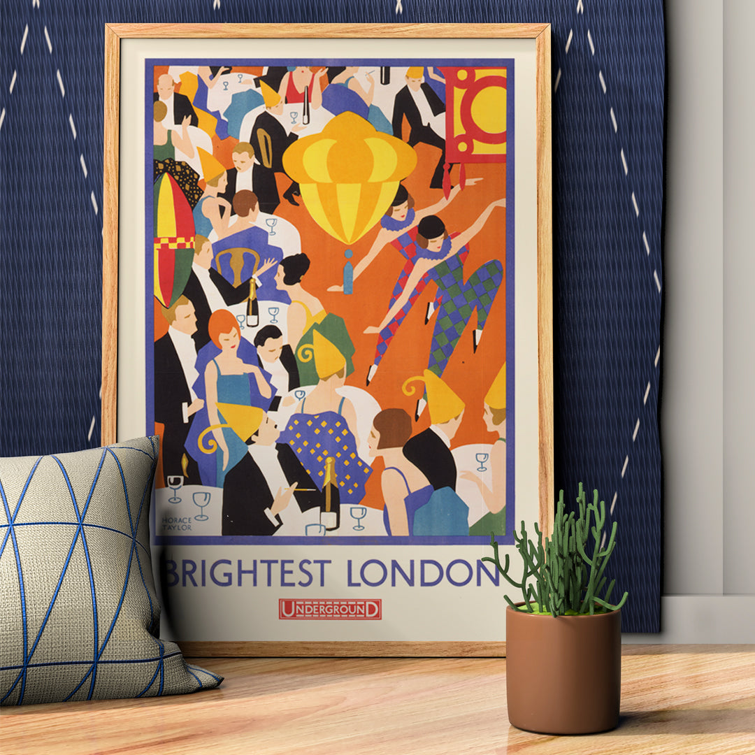 Colorful lively party scene with elegantly dressed dancing couples by Horace Taylor titled Brightest London and home by Underground poster, framed and displayed in home decor