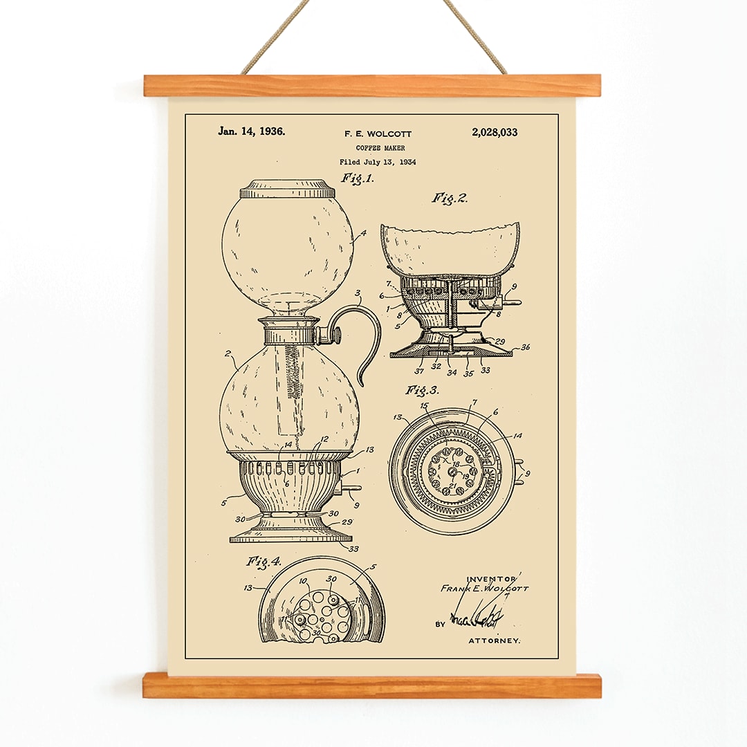 Vintage patent drawing and blueprint poster of Coffee Maker by F E Wolcott featuring detailed diagrams, with wooden magnetic frame on white background