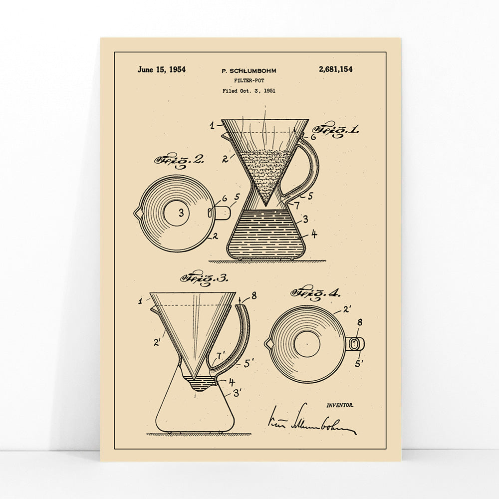 Vintage technical drawing and poster of coffee filter pot patent by P Schlumbohm with schematic and design details, framed and displayed in modern living room decor